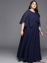 Navy Blue Plus Size Round neck Maxi Ethnic Dress-AP-AHKUCRFP-722